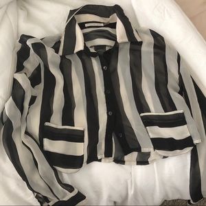 Sheer Black and Cream Striped Button Up Crop Top